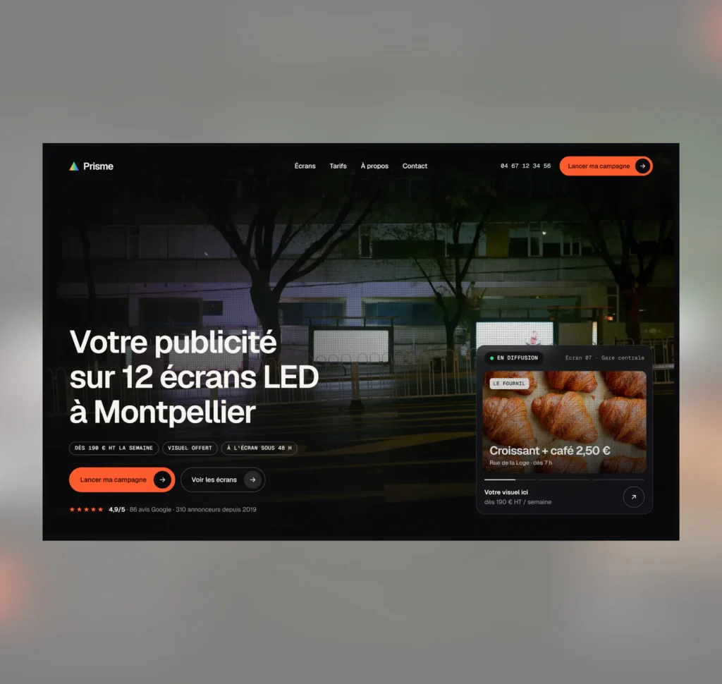 Template Prisme, page d'accueil : publicité sur 12 écrans LED à Montpellier »